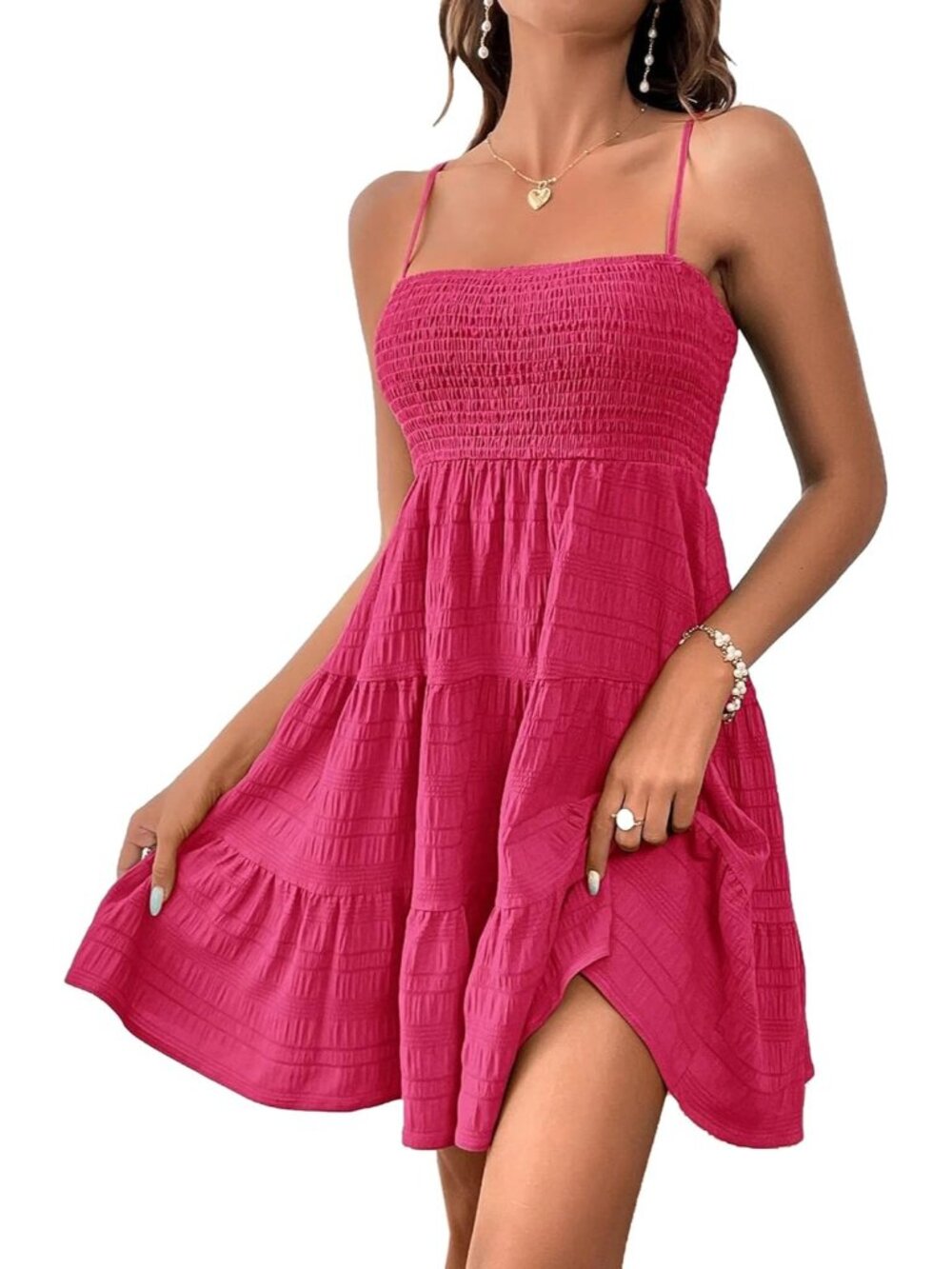 Women's Hot Pink Spaghetti Strap Sleeveless Smock Cami Mini Dress Summer Flowy
